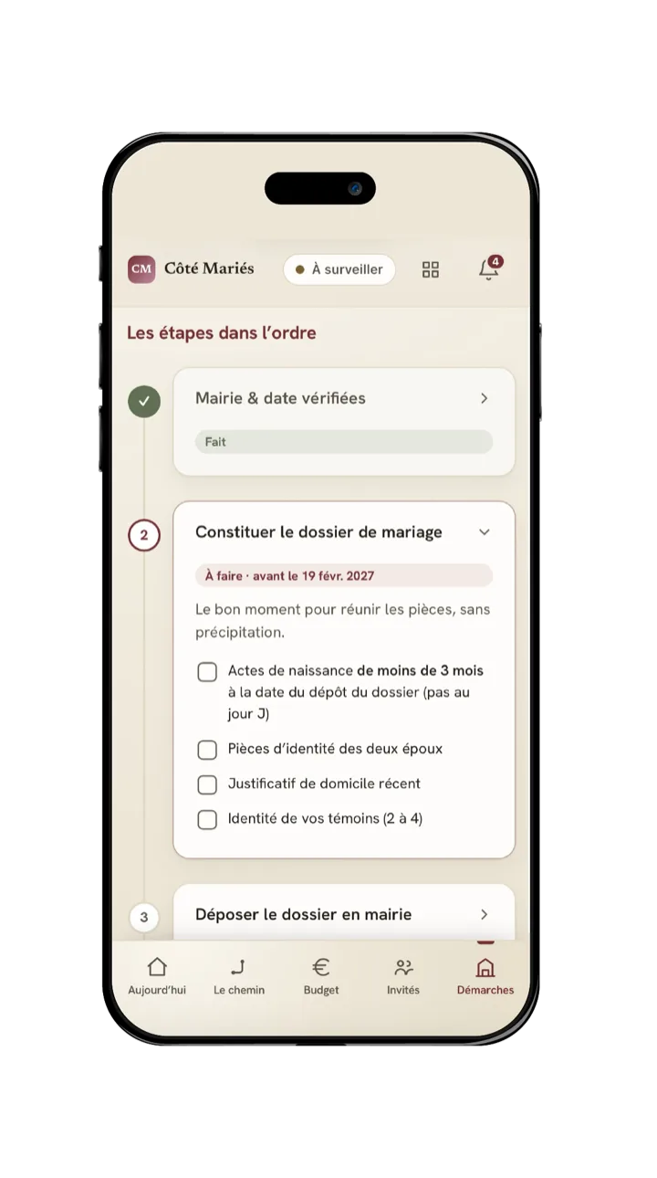 L’écran démarches en mairie de l’espace, sur un mariage d’exemple